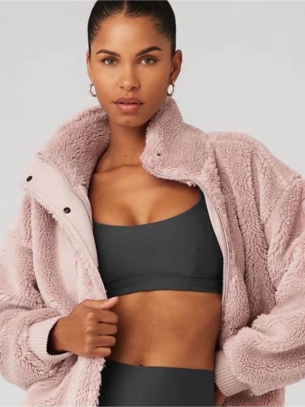 ALO Yoga foxy Blush Pink sherpa Zip Jacket with hood size small